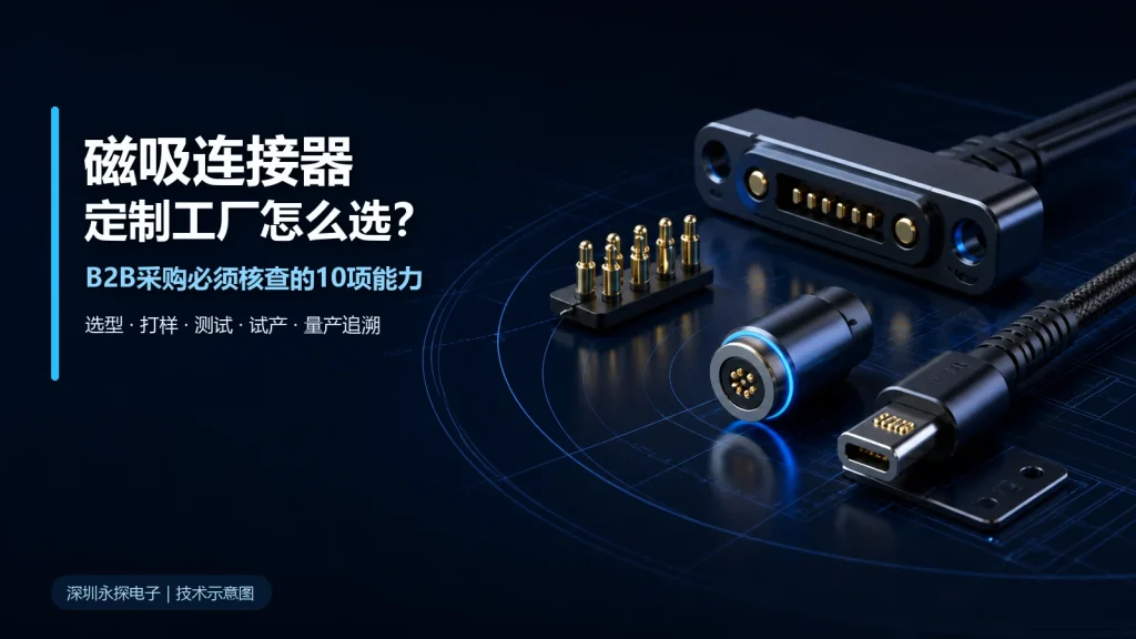 深圳永探电子磁吸连接器定制工厂选型指南封面,展示磁吸连接器、磁吸数据线和磁吸充电线技术示意