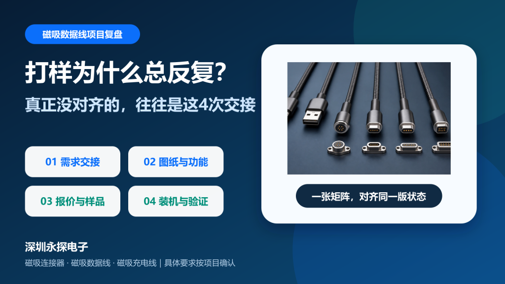 深圳永探电子磁吸数据线定制项目需求、图纸、样品与装机验证四个交接点示意图