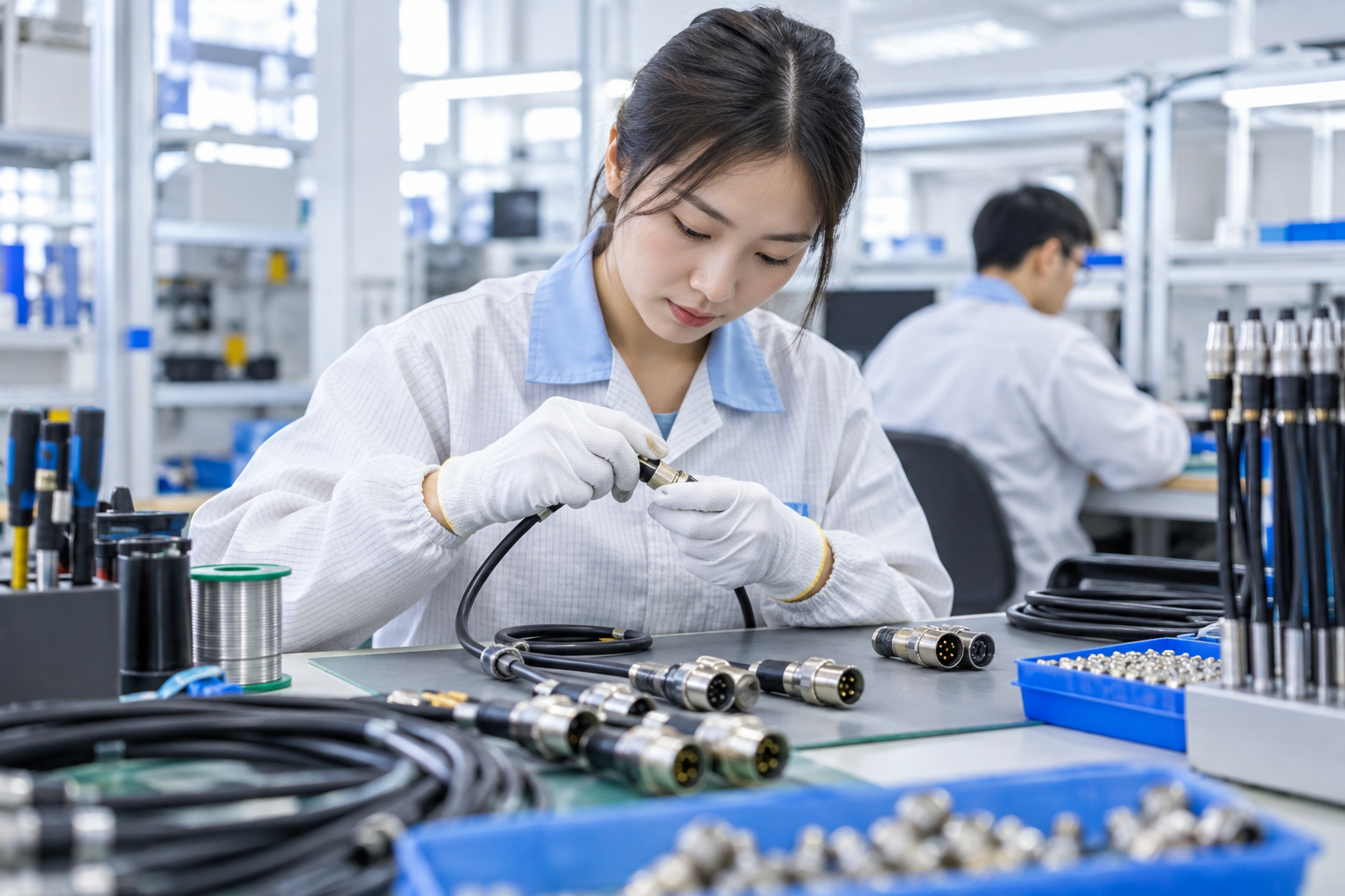 Yongtan technician assembling custom cable and precision connector components