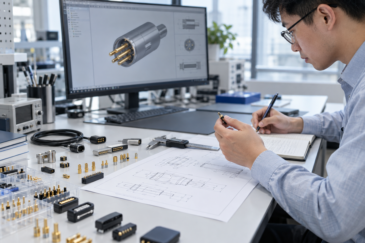 Yongtan engineer reviewing connector drawings, samples and technical test notes