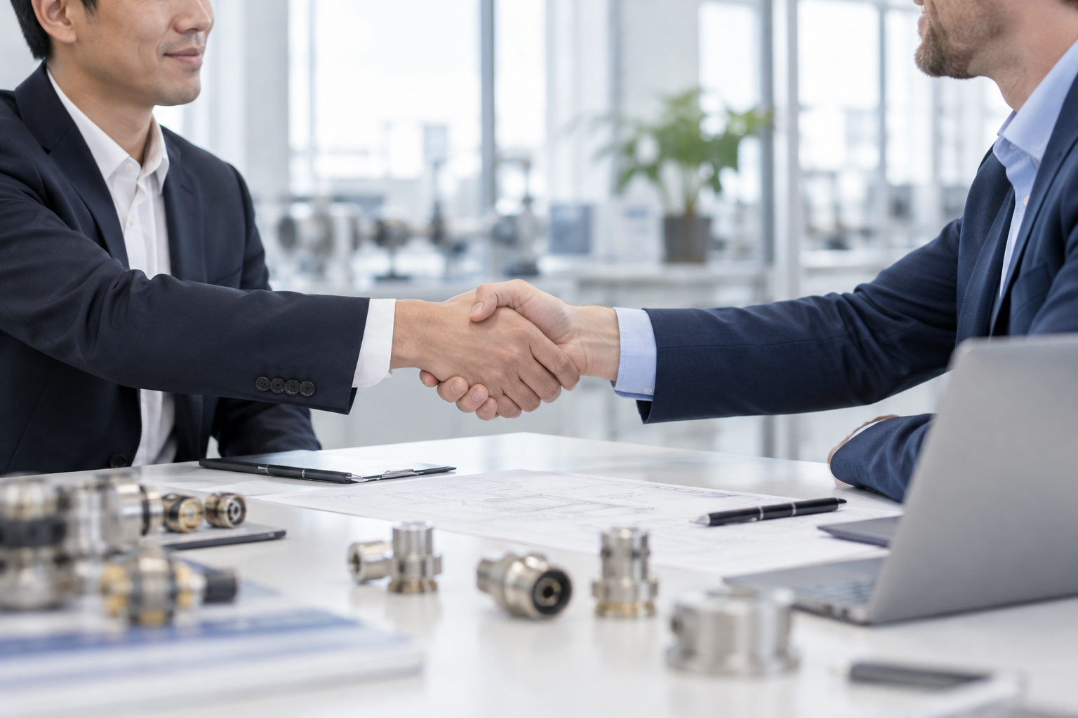 International engineering partners shaking hands after discussing a custom connection project