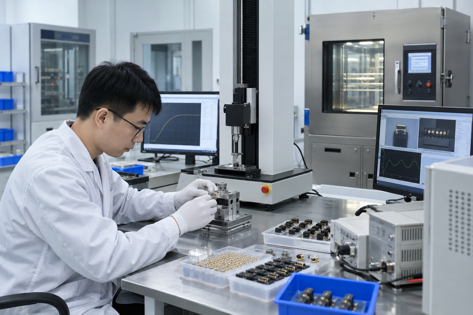 Yongtan engineer performing connector reliability verification in the laboratory