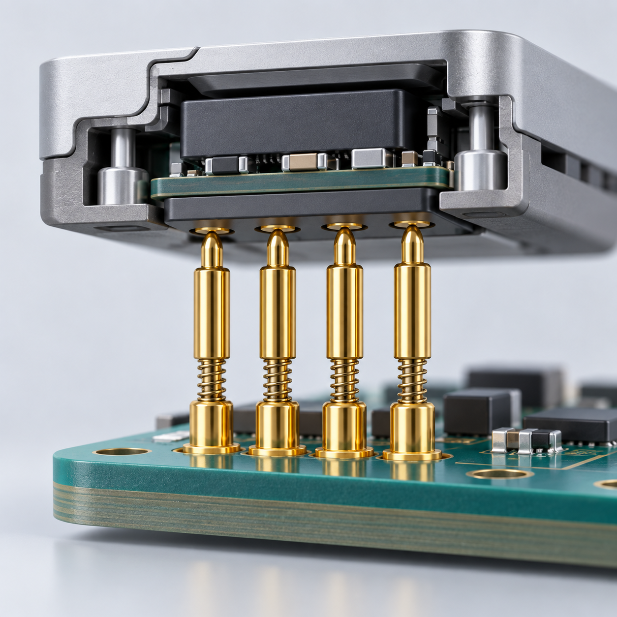 Illustrative pogo pin integration in a compact device assembly
