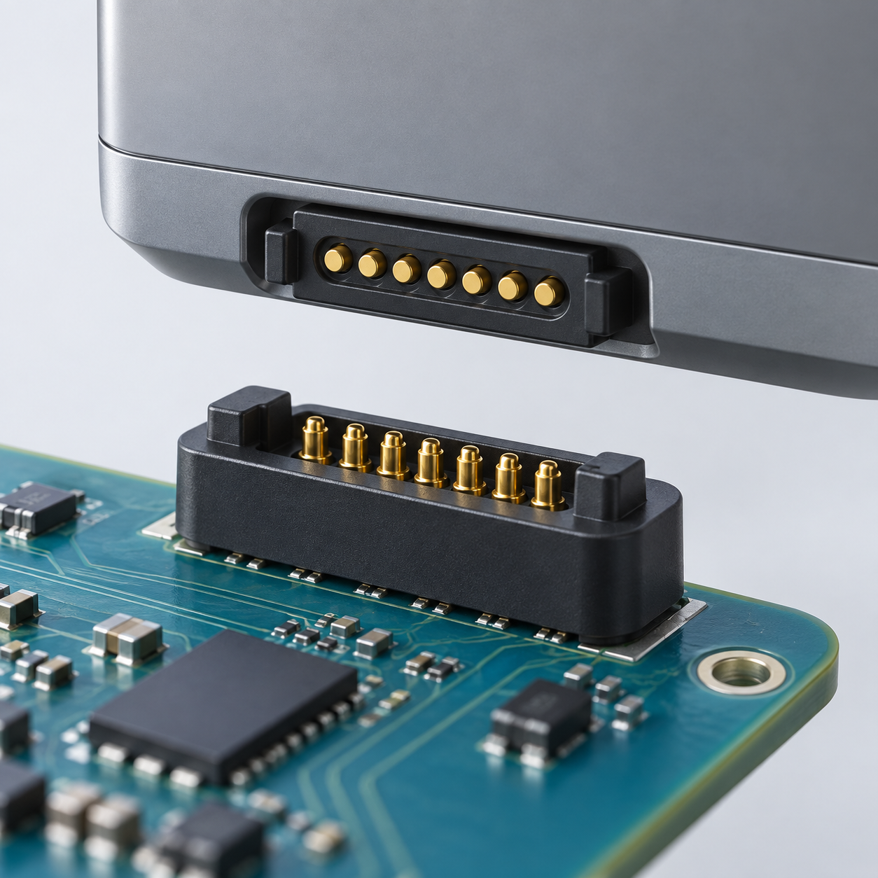 Illustrative multi-pin pogo connector integrated on a PCB