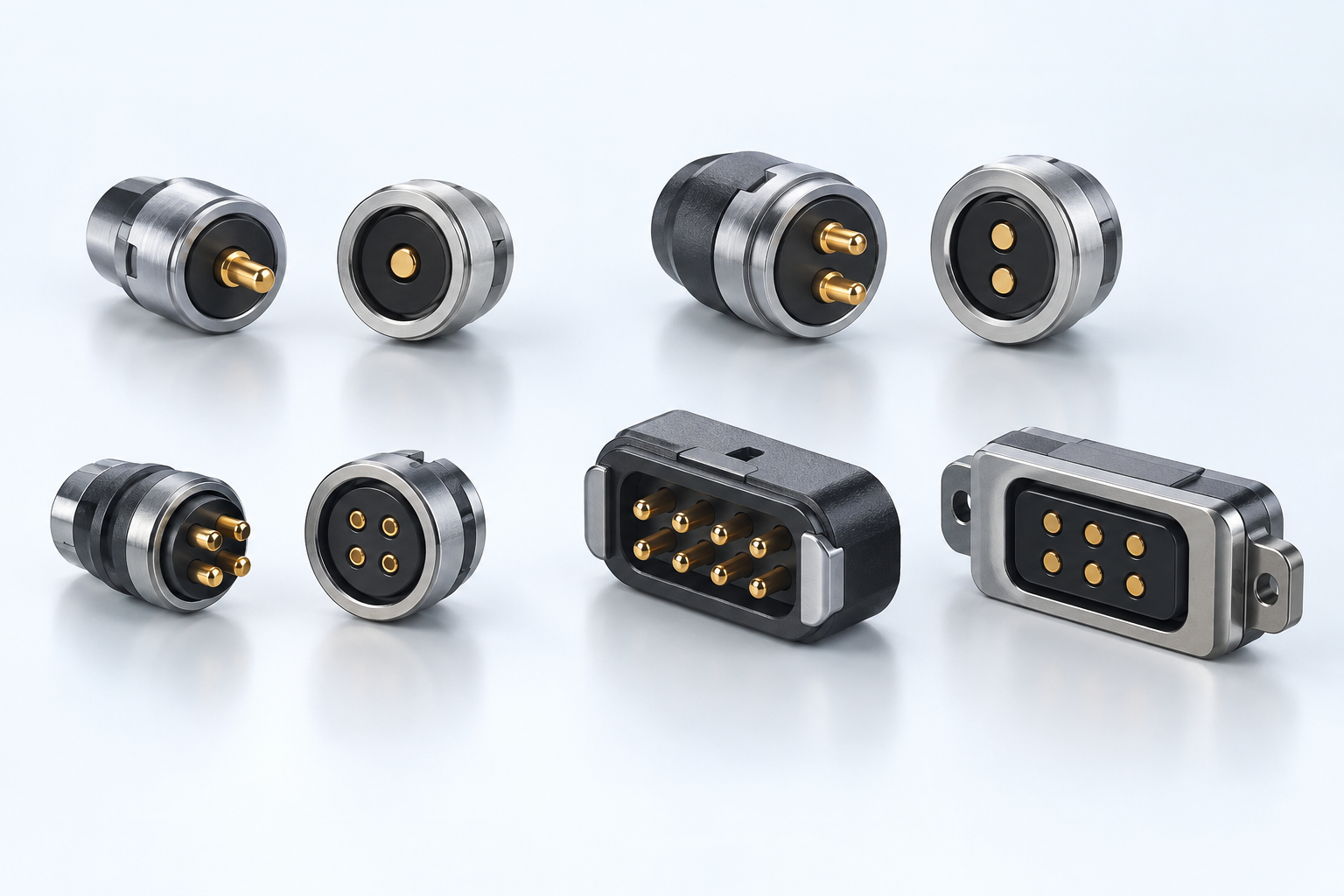 Magnetic connector collection with round and rectangular contact layouts