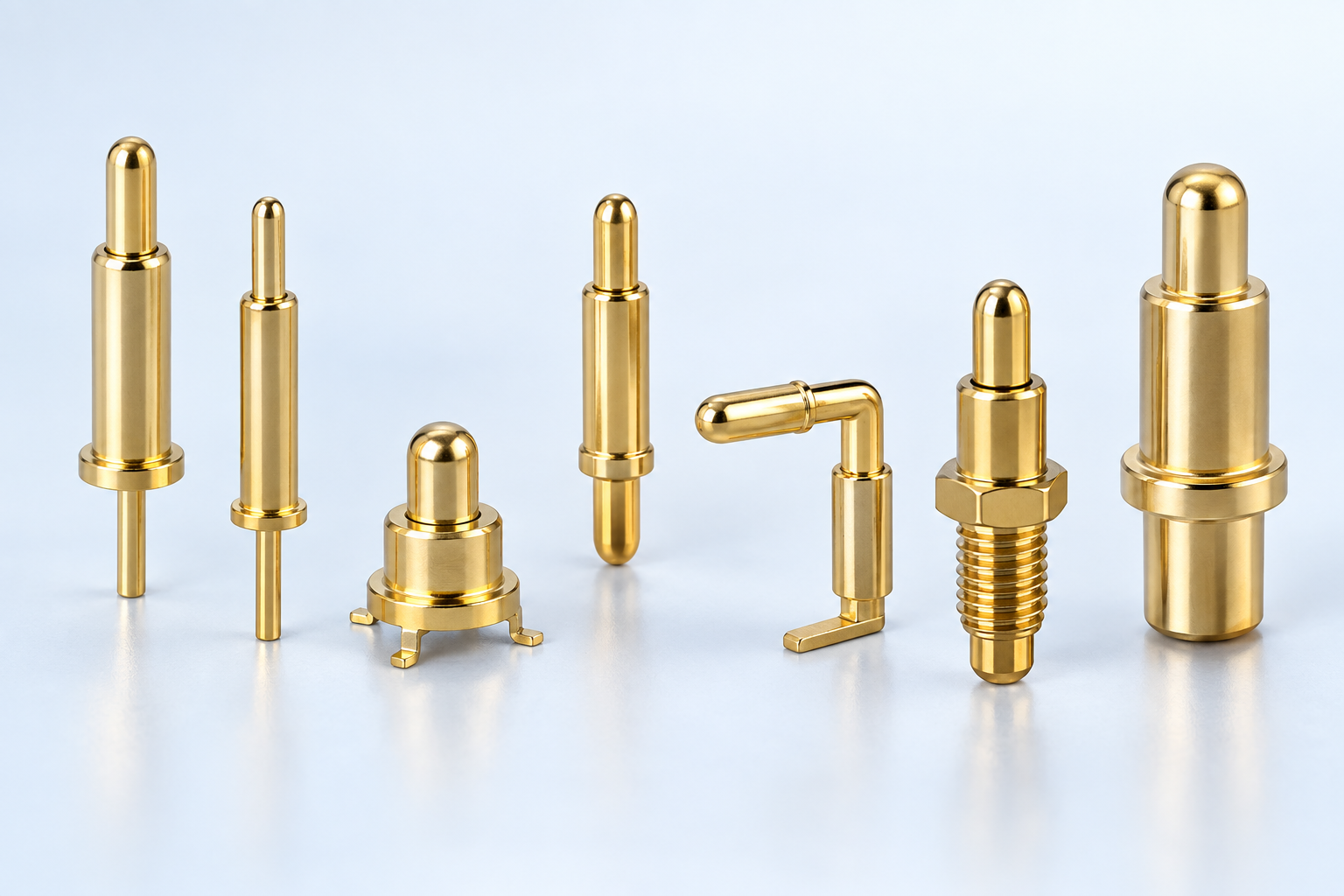 Pogo pin collection with straight, right-angle and receptacle contact styles