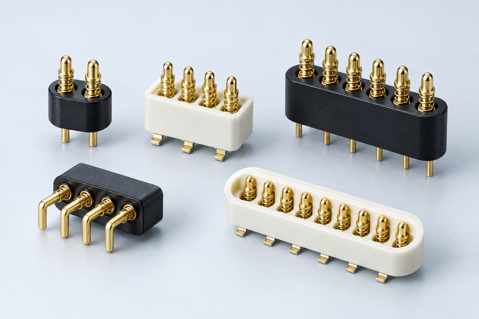 Pogo pin connector collection with multi-pin board and panel styles